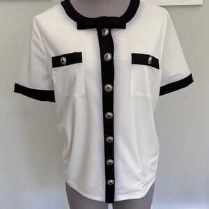 Karl Lagerfeld White Short Sleeve Button-Front Top with Black Trim